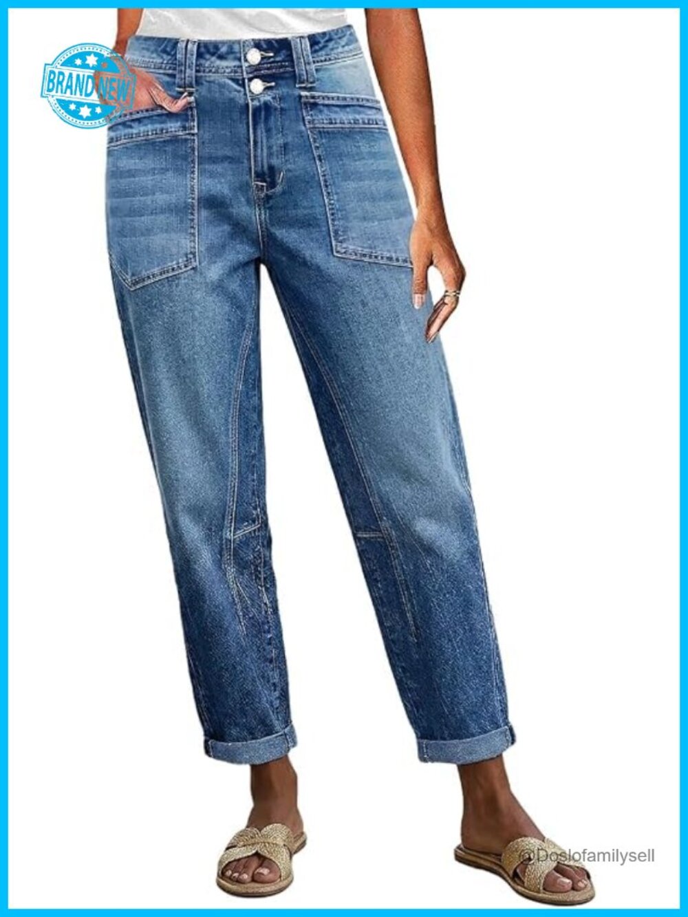 Mid Rise Barrel Leg Crop Jeans Cotton Spandex Dual Button Stitch Detail